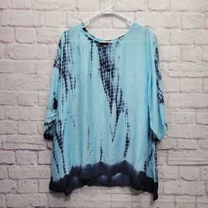 Sevya Handmade Tie Dye Blouse Size L/XL Robins Egg Blue 3/4 Sleeves Flowy Boho‎